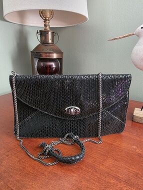 Sorial Envelope Clutch Crossbody Black Snakeskin Embossed Leather Bag